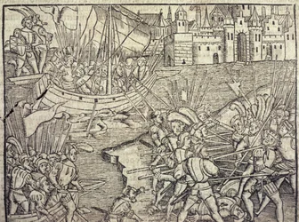 Perun valloitus, kuvitus Francisco Lopez de Gomaran (s.1510) teoksesta "Intian ja uuden maailman yleinen historia", 1554 (kaiverrus)