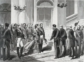 Espanjan kuningas Amedee I (Amedeo Ferdinando Maria di Savoia) (1845-1890) ja hänen vaimonsa kuningatar Maria Victory dal Pozzo della Cisterna (1847-1876) saapuessaan Madridin kuninkaalliseen palatsiin 19.3.1871. Kaiverrus "" La Ilustracion Espanola y Amer