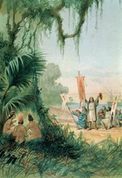 Kristoffer Kolumbuksen (1451-1506) maihinnousu San Salvadorin saarelle 12. lokakuuta 1492, teoksesta ”The Discovery of America”, julkaistu Barcelonassa