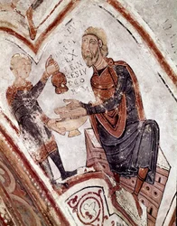 Kuukausien kierto: Pontius Pilatus pesee kätensä. Yksityiskohta 1100-luvun freskosta San Isidoron Real Colegiata (Royal Collegiale of Saint Isidore) kuninkaallisesta panteonista. Leon. Espanja