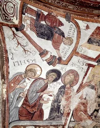 Kuukausien kierto: palvelija tarjoaa juotavaa apostoleille (Saint Andre, Saint Barthelemy ja Saint Philip). Yksityiskohta 1100-luvun freskosta San Isidoron Real Colegiata (Royal Collegiale of Saint Isidore) kuninkaallisesta panteonista. Leon. Spai
