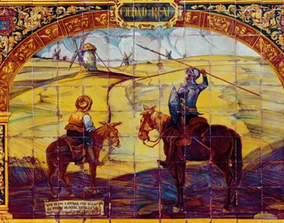 Laatat, jotka kuvaavat Don Quijotea ja Sancho Panzaa valmistautumassa hyökkäämään tuulimyllyjä vastaan (keraamiset)