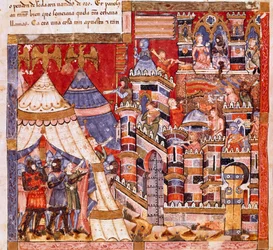 Troijan sota: Troijan kaupunki ja Kreikan leiri. Yksityiskohta pienoiskoosta espanjalaisesta käsikirjoituksesta "Codex Benito de Santa Mora"