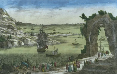 Näkymä Ranskan maihinnoususta uuden siirtokunnan perustamiseksi New Cayennen satamaan, Ranskan Guyanaan, 1762