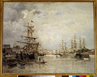Stanislas Lepinen (1835-1892) maalaus Caenin satamasta 1859 su. 0,72 x 0,91 m Pariisi, Orsay-museo