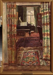 Sisustuksessa flyygeli. Stanislav Julianovich Zhukovsky (Žukovski) (1873-1944) maalaus, öljy kankaalle