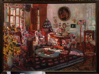 Brasovon kartanon sisustus. Stanislav Julianovich Zhukovsky (Žukovski) (1873-1944) maalaus, öljy kankaalle