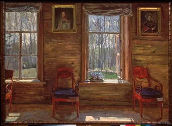 Hyvää toukokuuta. (Näkymä aurinkoiseen metsään, maalaistalon ikkunoista, koristeltu maalatuilla muotokuvilla ja verhoilla). Stanislav Julianovich Zhukovsky (Žukovski) (1873-1944) maalaus, öljy kankaalle
