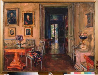 Brasovon kartanon sisätilat. Stanislav Julianovich Zhukovsky (Žukovski) (1873-1944) maalaus, öljy kankaalle