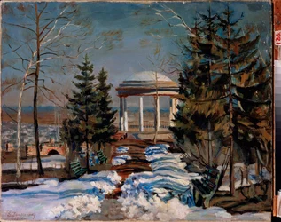 Maisema kioskin kanssa. Stanislav Julianovich Zhukovsky (Žukovski) (1873-1944) maalaus, öljy kankaalle