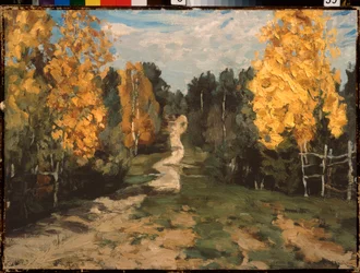 Syksyinen polku. Stanislas Julianovich Zhukovsky (Žukovski) (1873-1944) maalaus öljy kankaalle