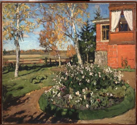 Kukkapenkki. (Talon edessä ja maaseutumaisema). Stanislav Julianovich Zhukovsky (Žukovski) (1873-1944) maalaus, öljy kankaalle