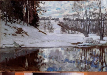 Jäästä vapautettu joki. Stanislav Julianovich Zhukovsky (Žukovski) (1873-1944) maalaus, öljy kankaalle