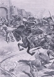 16th Lancers ja Skinners Horse ajamassa Jatsia Bharatpuriin, joulukuu 1825, kuvitus teoksesta British Battles on Land and Sea , 1915.