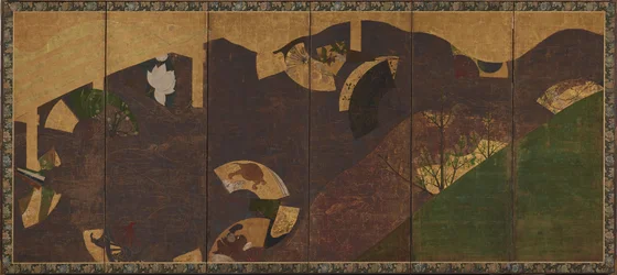 Ivy viiniköynnöksiä, siltoja ja kelluvia tuulettimia, Momoyama- tai Edo-kausi, 1600-luvun alku.