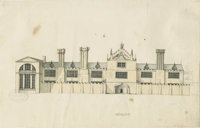 Blithfield Hall: sävytetty kynäpiirros ja [1700-luku] (piirustus)