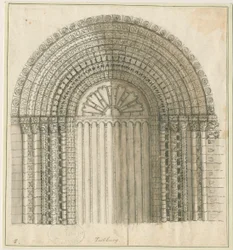 Tutbury Priory Church - Arch in West Door: kynä- ja seepiapiirustus, nd [1762-1802] (painettu)