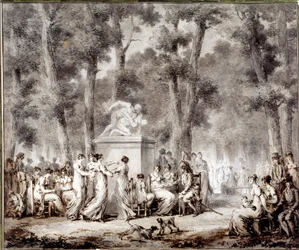 Näkymä Tuileriesin terassille vuonna 1807 Maailman uloskäynti puistoon. Jean Pierre Norblin De La Gourdainen (1745-1830) piirustus
