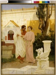 Kysymys ja vastaus (Pariskunnan vuoropuhelu muinaisen roomalaisen palatsin puutarhassa) - Stepan (Stefan) Vladislavovich Bakalowiczin (1857-1947) maalaus, öljy kankaalle