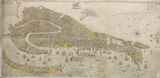 Todellinen ja todellinen piirros Venetsian kaupungista. Panoraama Venetsiaan, 1676.