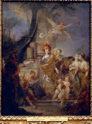 Keisarinna Katariina II (1729-1796) Minervana muusojen piirissä. Stefano Torellin (1712-1784) maalaus öljy kankaalle. italialaista taidetta
