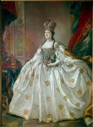 Venäjän keisarinna Katariina II Suuren (1729-1796) muotokuva kruunajaispuvussaan. Stefano Torellin (1712-1784) maalaus, 1700-luku, Eremitaaši, Pietari