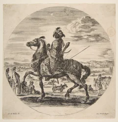 Vasemmalle katsova maurilainen ratsumies, seisovia ja istuvia turkkilaisia keskialalla, yksi..., noin 1651.