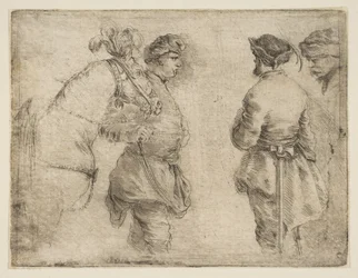 Napa, joka johtaa hevosta suitsista ja puhuu kahden muun miehen kanssa, n. 1662.