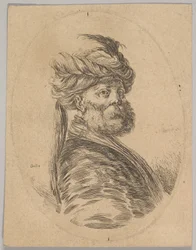 Turkkilainen mies, jolla on parta ja turbaani, yksi pitkä höyhen edessä, täytti kolme neljäsosaa..., 1650.