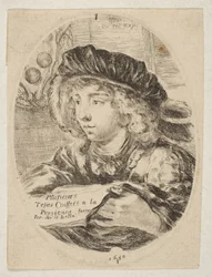 Kolme neljäsosaa vasemmalle käännetty nuoren miehen rintakuva, jossa oli höyhenhattu, ..., 1650.