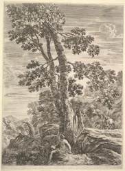 Kalastaja keskellä vasemmalle päin ja nojaten suureen puuhun, nainen kävelee..., n. 1652-57.