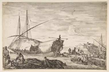 Vasemmalla purjeilla peitetty keittiö, etualalla kuusi tykkiä ja neljä ihmistä vasemmalla, yksi..., 1655.