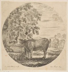 Talonpoikanainen lehmän kanssa Medici-käsivarsilla koristellun suihkulähteen luona, Six ani..., n. 1646.