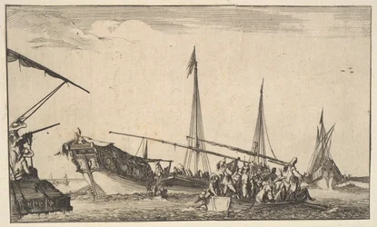 Soutuvene täynnä miehiä oikealla, laiva, jossa miehet laskeutuvat soutuveneeseen takana vasemmalle..., 1639.