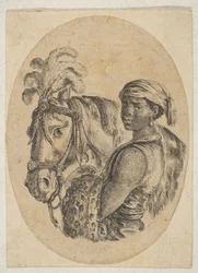 Musta orja kantaa leopardintaljaa ja pitelee hevosen suitsia, teoksesta "Useita päitä...", 1649-50