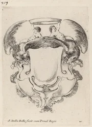Cartouche kotkien ja kahden lapsen kanssa kruunua pitelemässä, 1647.