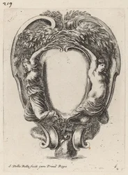 Cartouche, jossa kaksi nymfiä metamorfoi puihin, 1647.