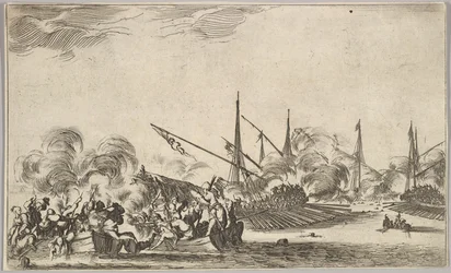 Taistelu useiden soutuveneiden ja laivojen välillä, kaksi miesryhmää soutuveneissä taistelevat vasemmalle..., 1639.