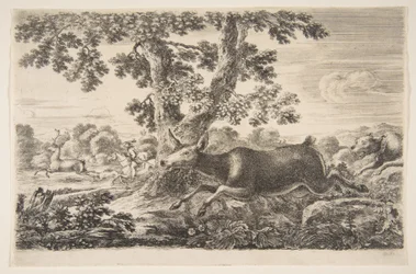 Hirvenmetsästys, alkaen Eläinmetsästykset Erilaisten eläinten metsästys, n. 1654.