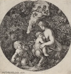 Naissatyyri imettää lasta metsäisessä maisemassa, 1656.