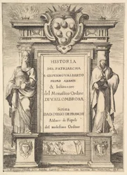 Etutaulu: Medici-vaakunalla koristeltu monumentti ylhäällä keskellä, liekit..., 1640.