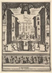 Etukappale komediaan The Buffoons Li Buffoni, lavalle asetettu pu..., 1639-41.