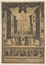 Etukappale komediaan The Buffoons Li Buffoni, lavalle asetettu p..., noin. 1639.