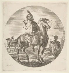 Oikealle katsova maurilainen ratsumies sivukuvassa, oikealla turkista pitelevä musta orja, toinen..., noin 1651.