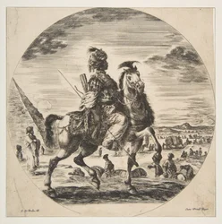 Oikealle katsova maurilainen ratsumies sivukuvassa, taustalla vasemmalla pyramidi, monia ha..., noin 1651.