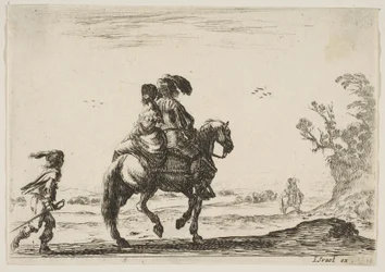 Kilpi 10: ratsasmies ja nainen takaa katsottuna, ratsastavat oikealle nuoren..., 1642.