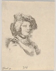 Levy 11: Lippiksessä olevan ja oikealle katsovan miehen rintakuva kohteesta Various heads a..., 1650.