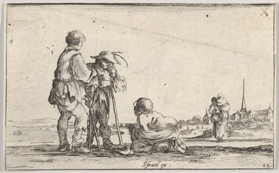 Levy 13: kaksi talonpoikaa seisomassa vasemmalla, rampa polvistumassa keskellä, a..., n. 1642.