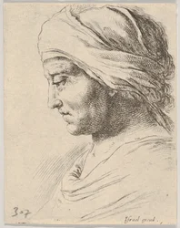 Levy 16: vanhan miehen pää profiilissa ja kangas sidottu hänen päänsä ympärille, B..., n. 1649.