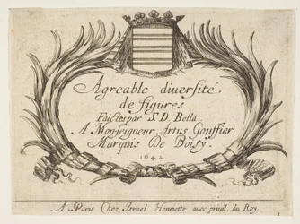 Kilpi 1: Kaksi kämmentä ja vaakuna kehystävät otsikon ja omistuksen, nimilehti teokselle "Vari...", 1642.